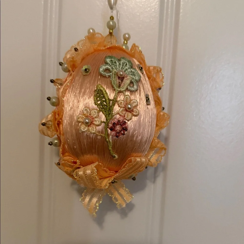 Handmade Embroidered Orange‎ Easter Egg Ornament with Floral Design